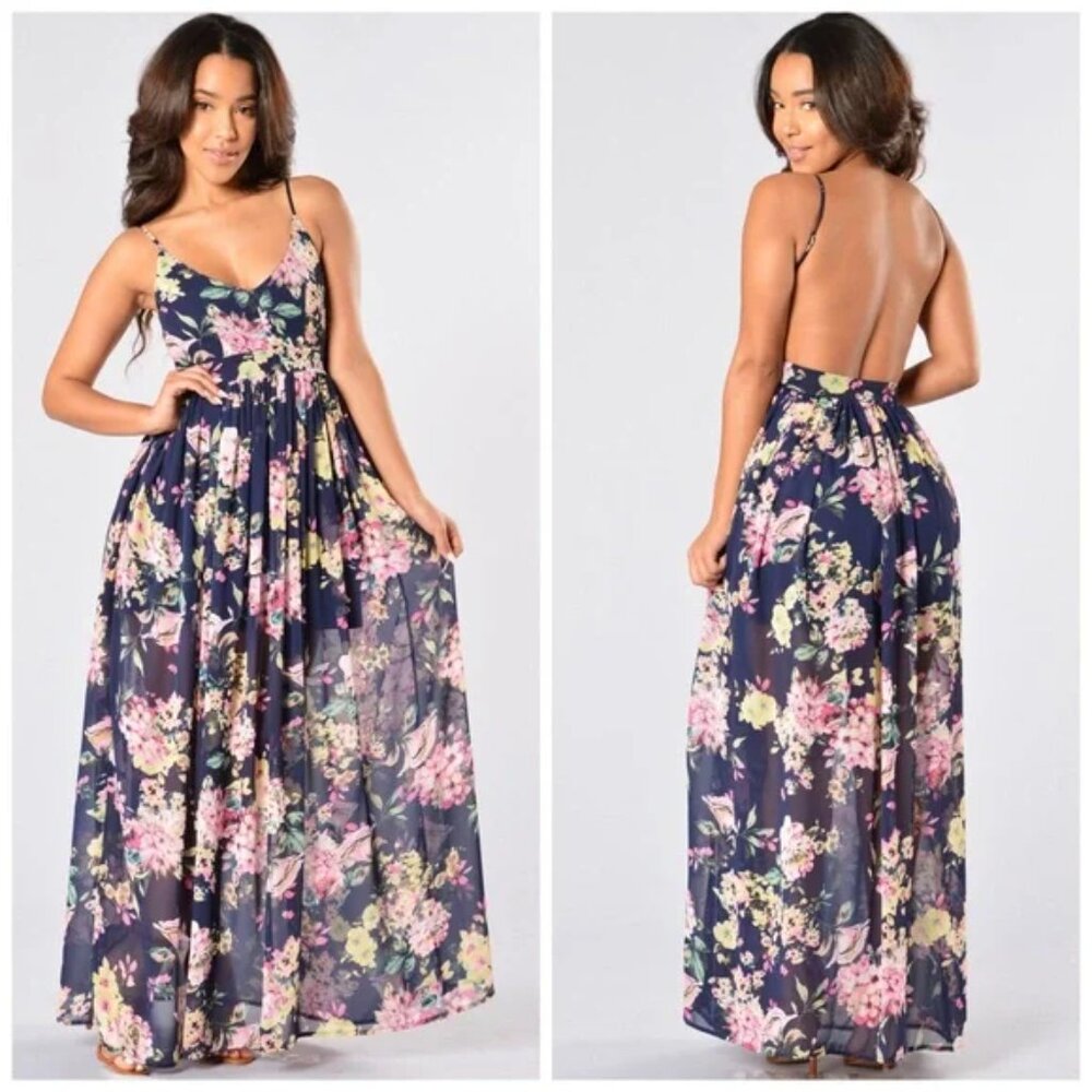Miss Avenue Hydrangeas Floral Print Spring Chic Open Back Maxi Dress Navy Blue